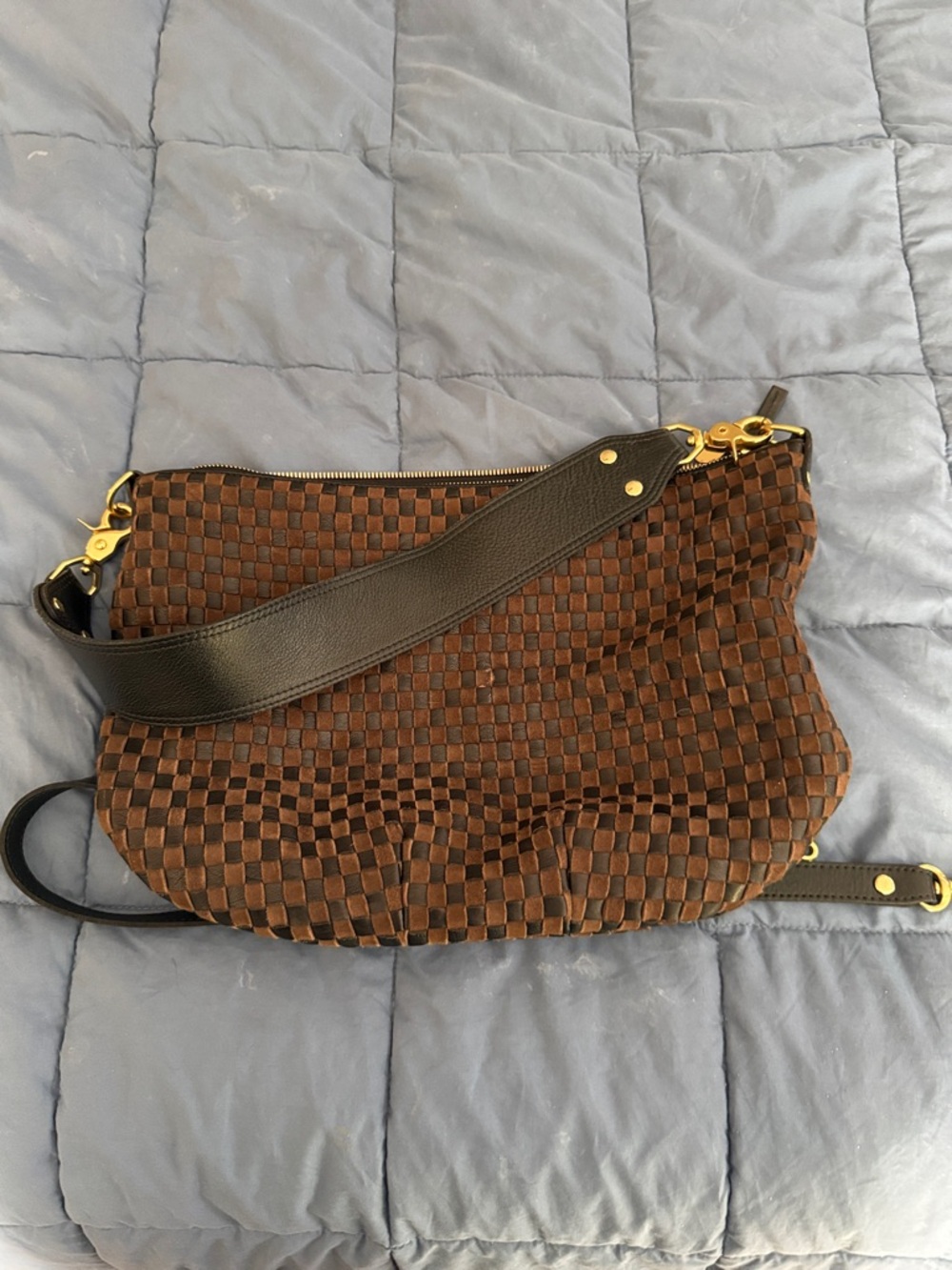Clare V. Woven Brown Suede and black leather moyen messenger bag